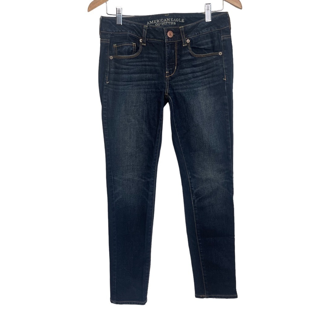 American Eagle Skinny Stretch Jeans Size 4 Short Creased Distressed Blue Trouser